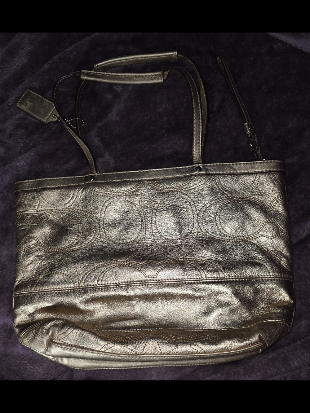 Vintage Coach Signature Stripe Stitch Metallic Gold Leather Tote  - EUC - Picture 4 of 8